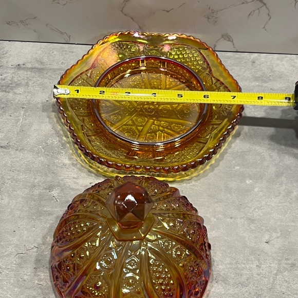 Indiana Glass Co. Iridescent Sunset Carnival Glass Round Butter Dish orange - Picture 14 of 14